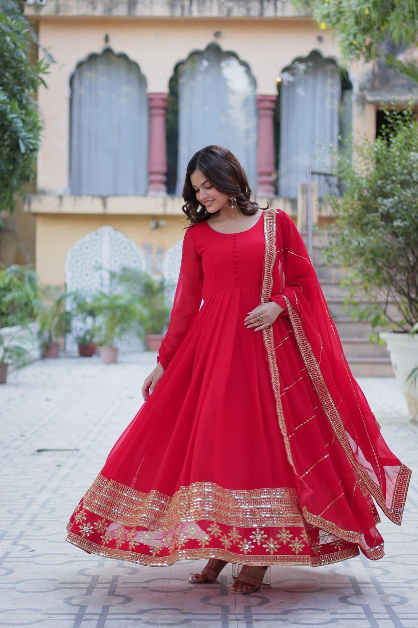 Faux Blooming Embroidered Red, Purple & Greenish Blue Color Gown with Dupatta