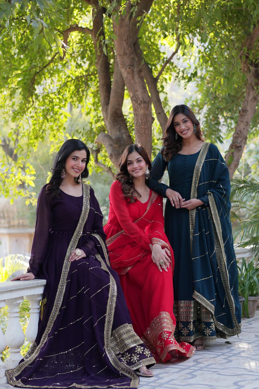 Faux Blooming Embroidered Red, Purple & Greenish Blue Color Gown with Dupatta