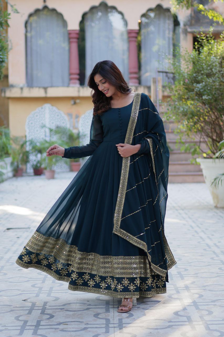 Faux Blooming Embroidered Red, Purple & Greenish Blue Color Gown with Dupatta