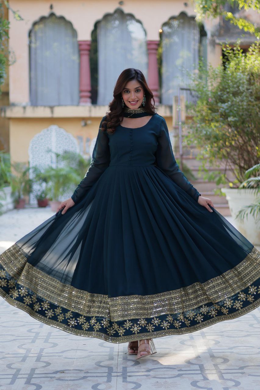 Faux Blooming Embroidered Red, Purple & Greenish Blue Color Gown with Dupatta