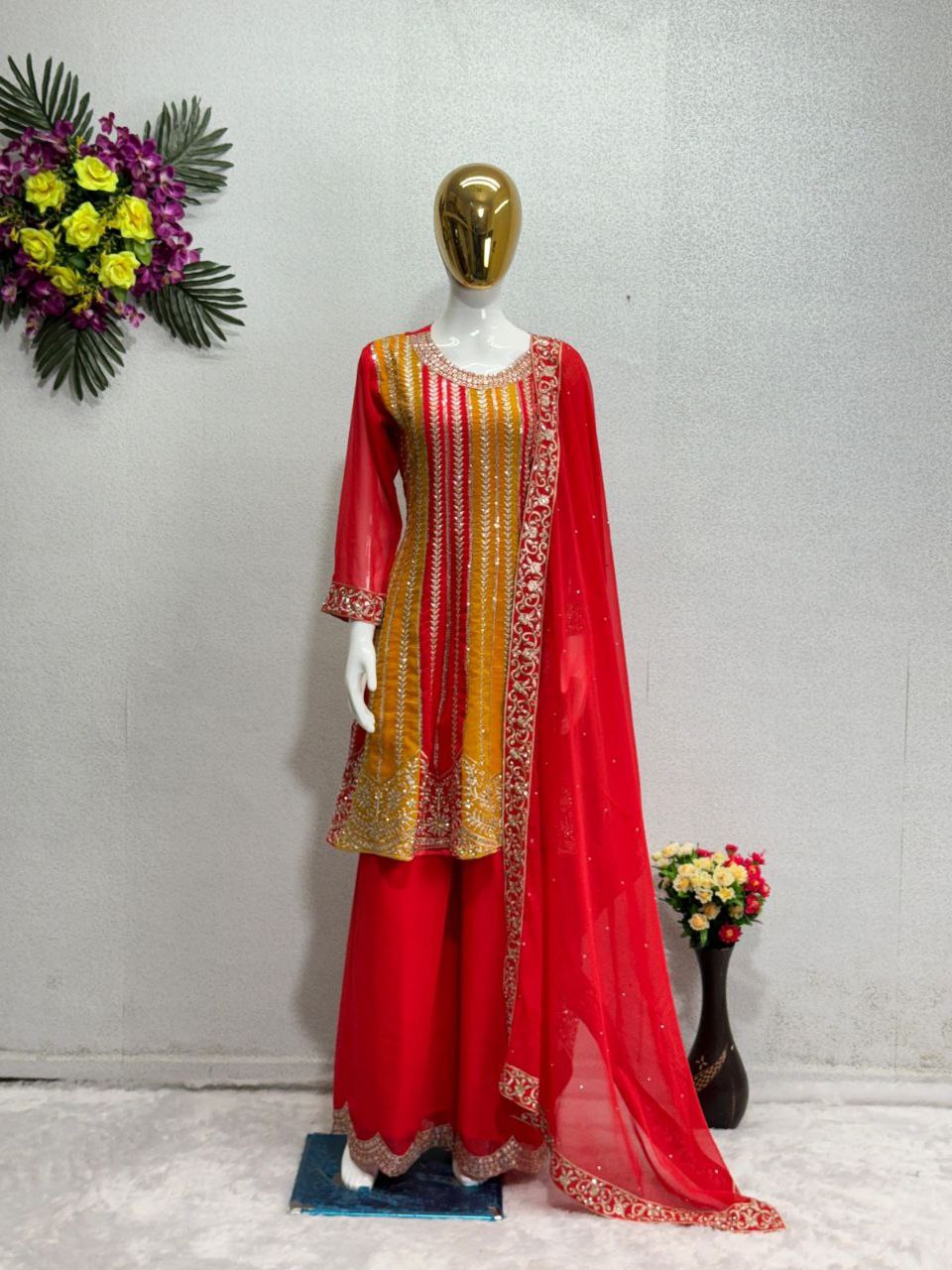 Glamorous New Designer Embroidery Sequences Work Top with Palazzo Set