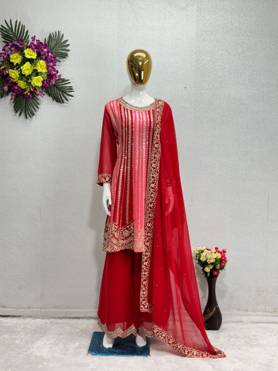 Glamorous New Designer Embroidery Sequences Work Top with Palazzo Set