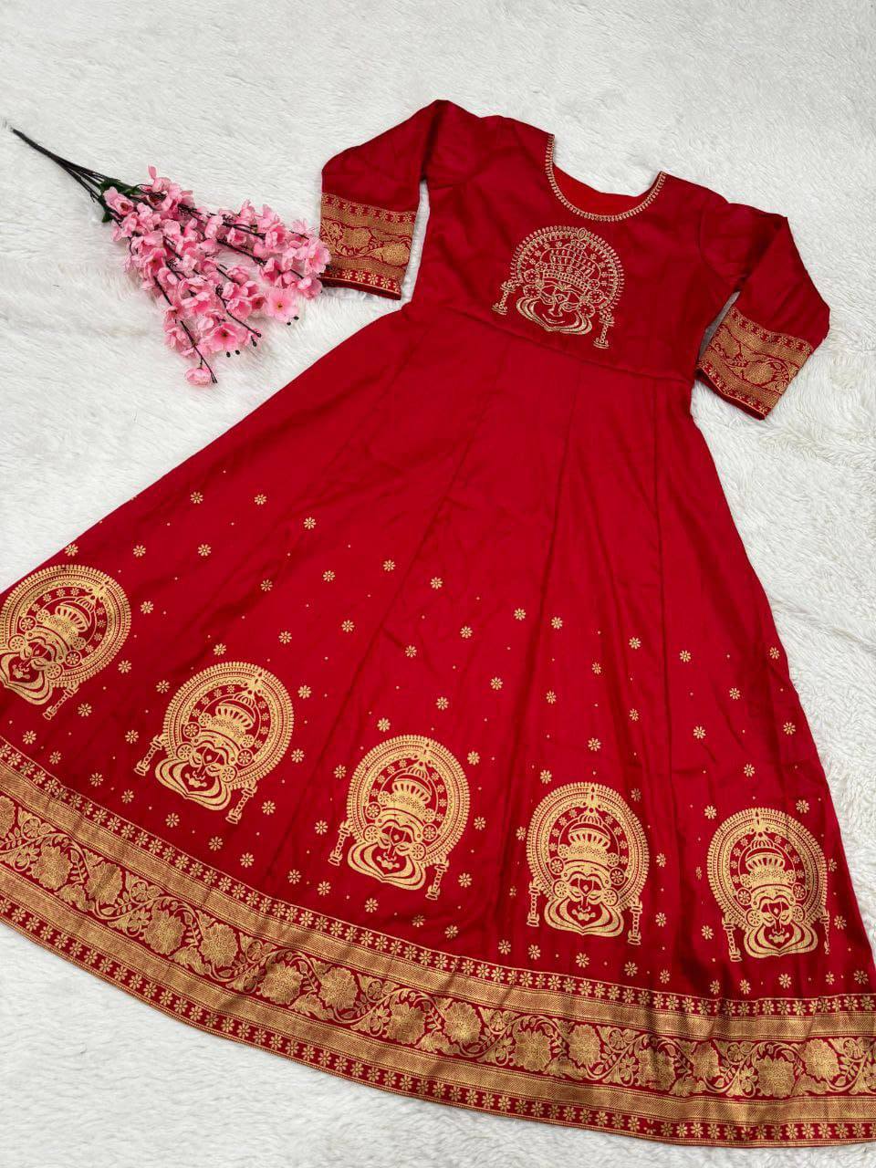 Exclusive Joy Silk Gown – Embroidery & Foil Print Traditional Wear