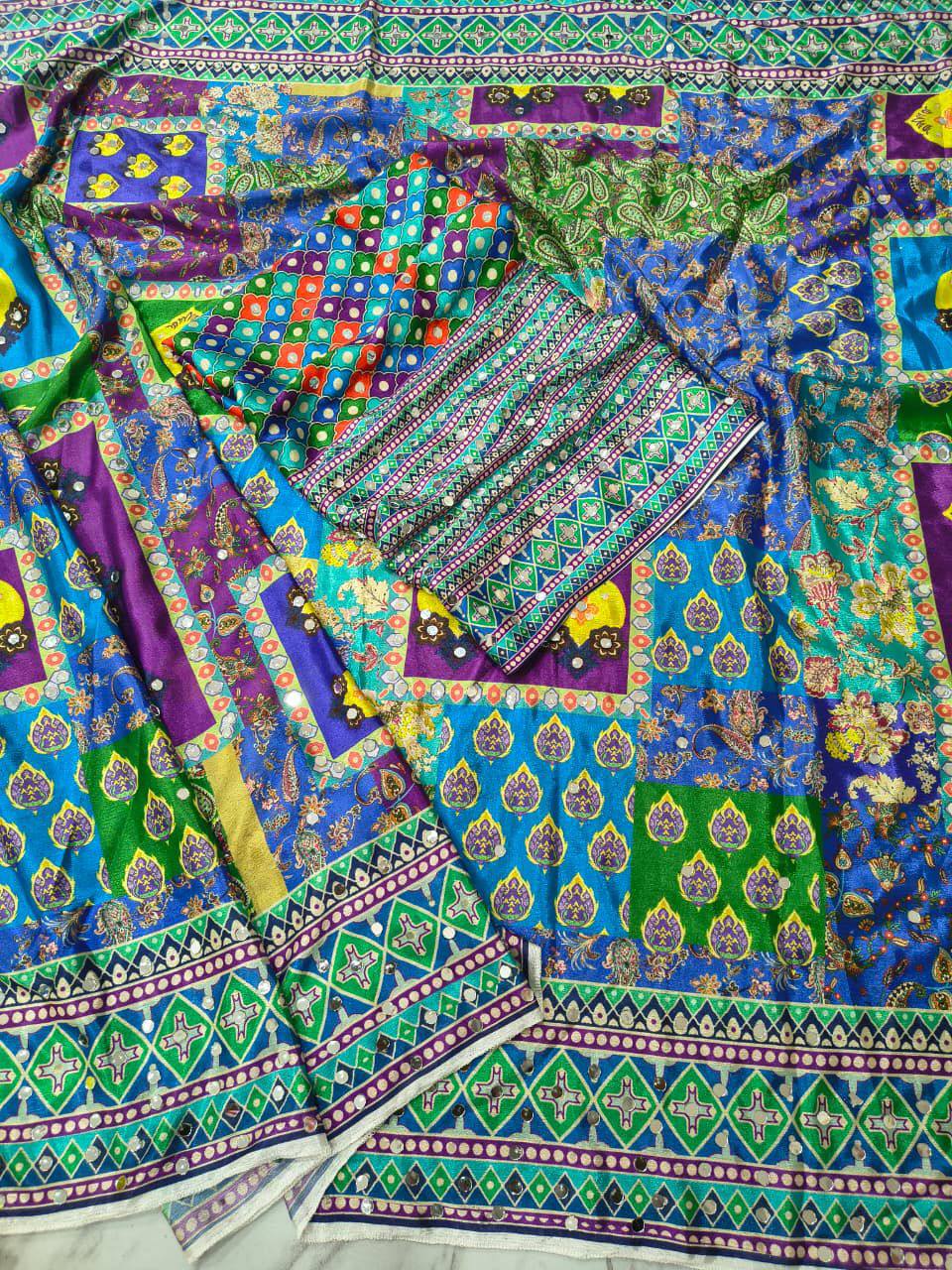 Premium Chinon Silk Saree with Real Mirror Work & Printed Blouse