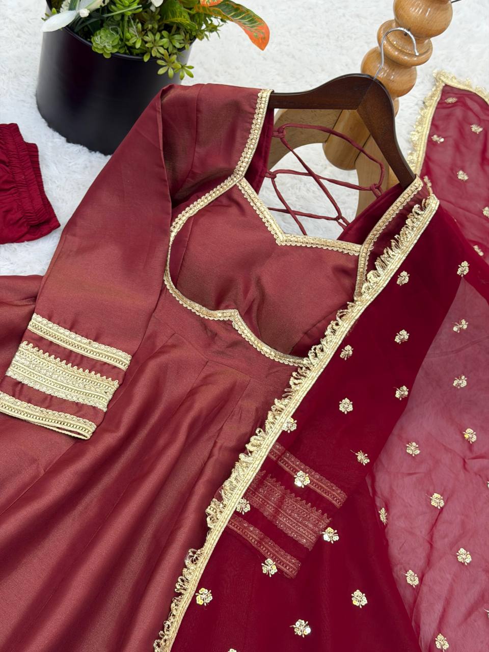 Premium Cosmos Gold Anarkali Gown, Bottom & Dupatta