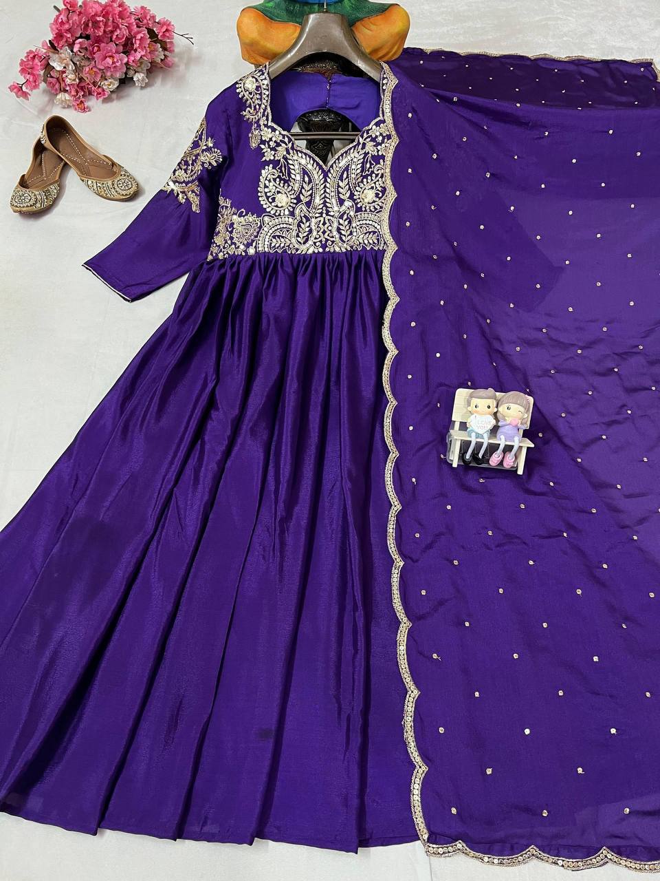 Premium Chinon Silk Anarkali Gown & Dupatta – Zari, Thread & 5mm Sequins Embroidery