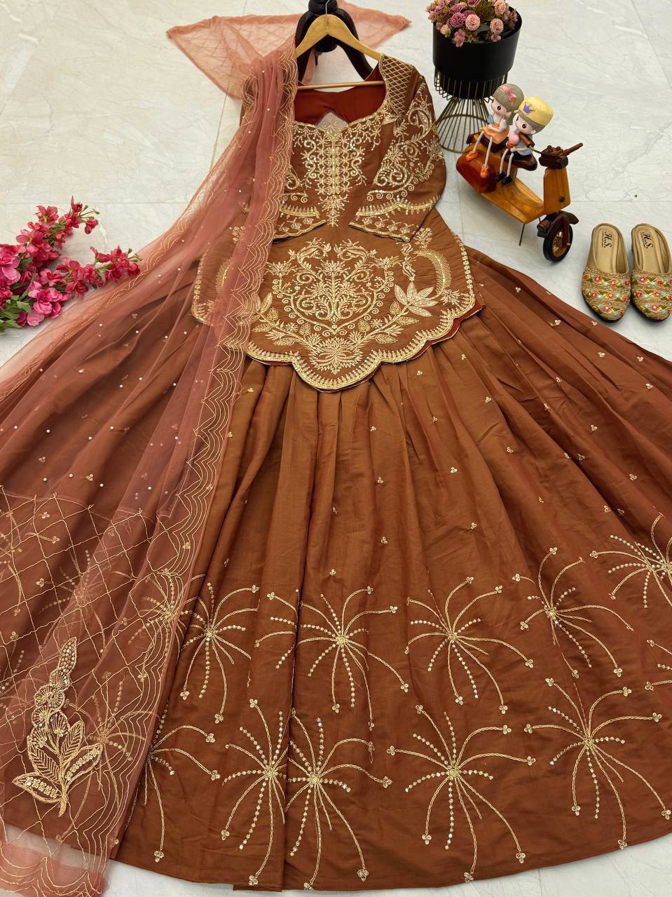 Premium Simmer Silk Top, Lehenga & Dupatta – Sequins & Coding Embroidery Work