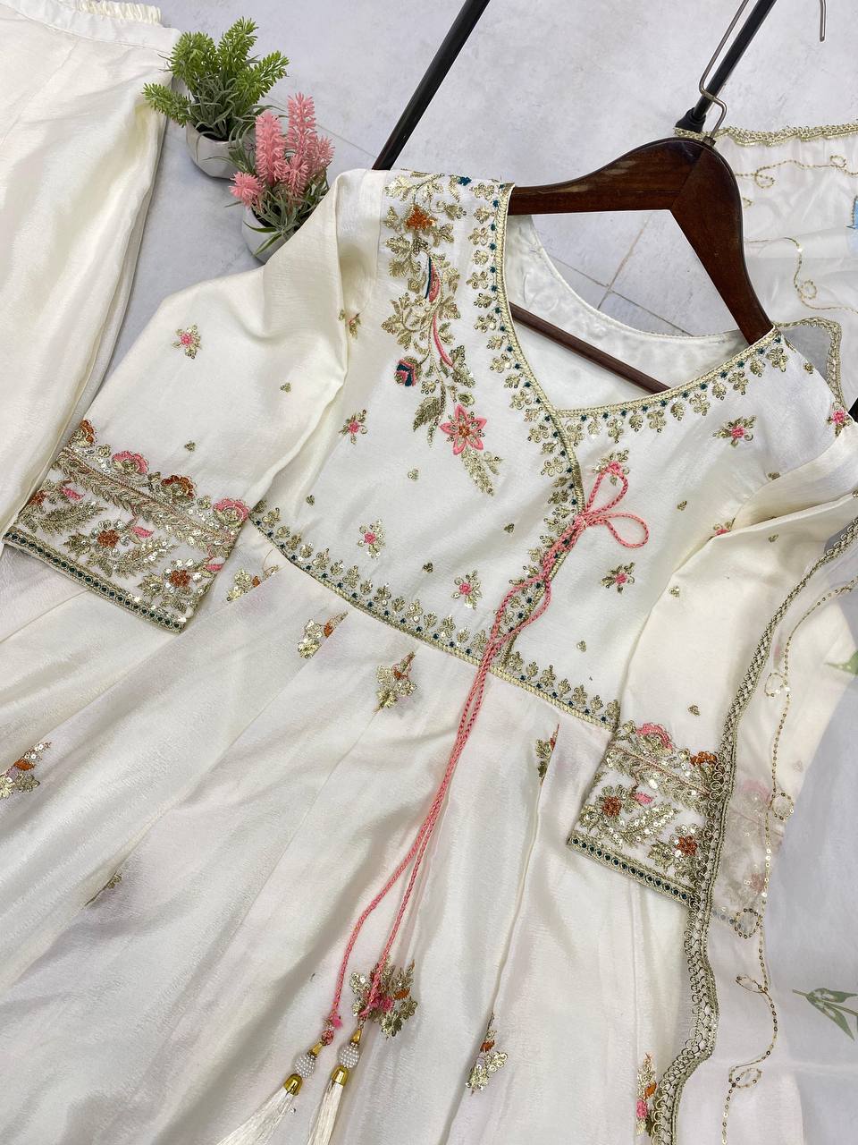 Premium Chinon Silk Gown, Plazzo & Dupatta – Sequins Embroidery