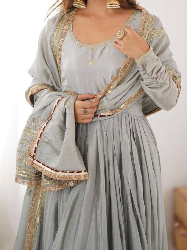 Premium Chinon Silk Gown, Pant & Dupatta – Thread & Sequins Embroidery Work