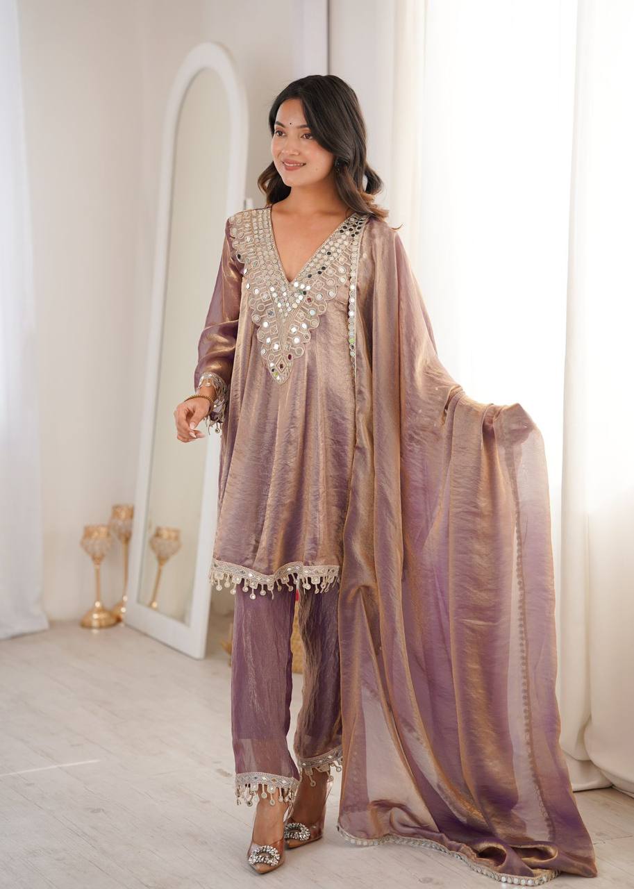 Premium Fendy Fabric Kurti Pant Dupatta Set – Real Mirror & Coding Embroidery Work