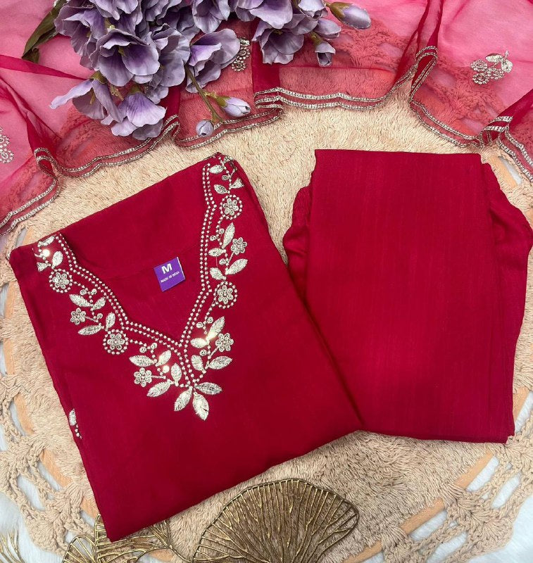 Premium Cotton Kurta Pant & Organza Dupatta Set – Embroidery Work