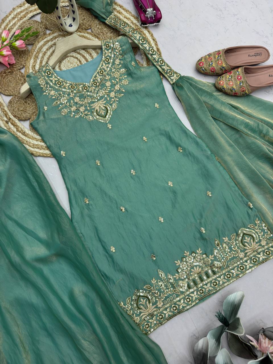 Premium Two‑Tone Fandy Silk Top, Sharara & Dupatta – Heavy Sequins Embroidery