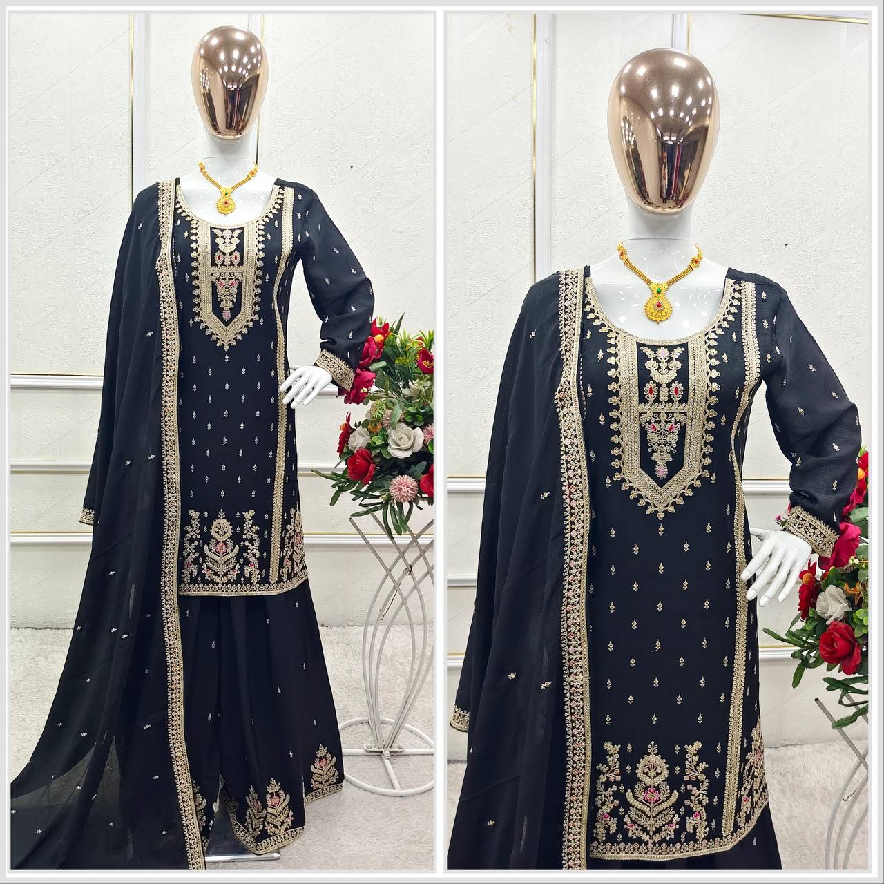 Premium Chinon Silk Top, Plazzo & Dupatta – Multi‑Thread, Sequins & Mirror Diamond Embroidery