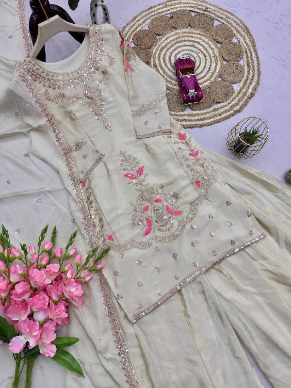 Premium Chinon Silk Top, Plazzo & Dupatta – Thread & Sequins Embroidery