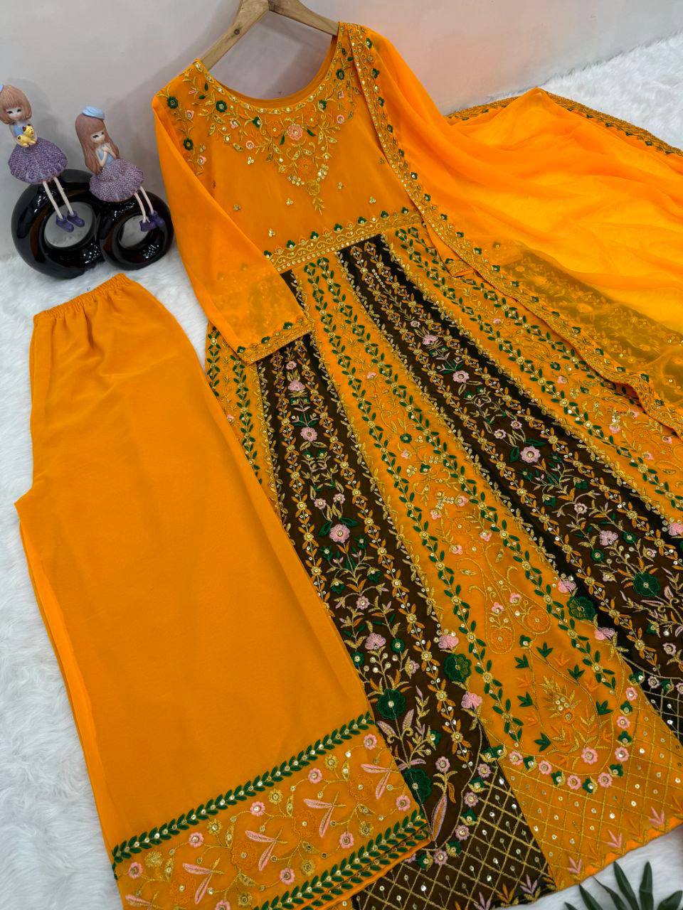 Premium Faux Georgette Top, Sharara & Dupatta – Heavy Sequins Embroidery