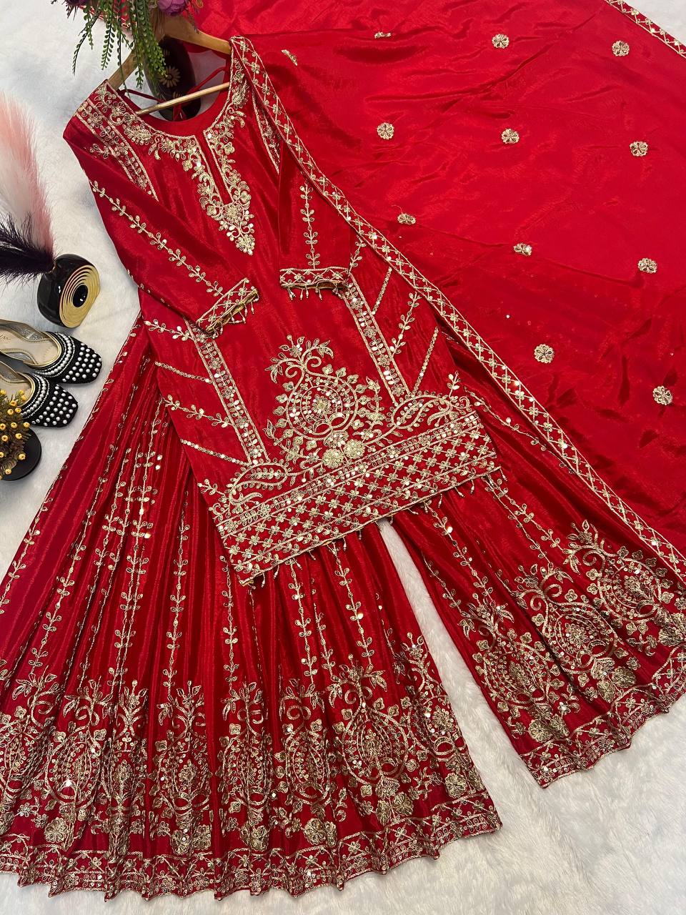 Premium Chinnon Silk Top, Plazzo & Dupatta – Heavy Coding Sequins Embroidery