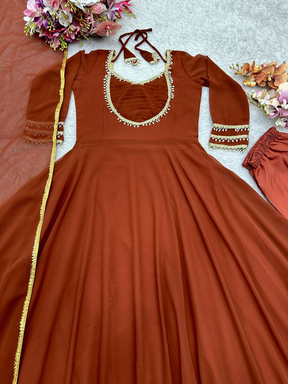 Premium Fox Georgette Gown, Pant & Dupatta – Handwork Moti Lace & Sequins Border