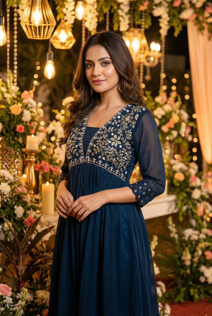 Premium Heavy Georgette Ready‑to‑Wear Gown – Embroidery & Hand Work