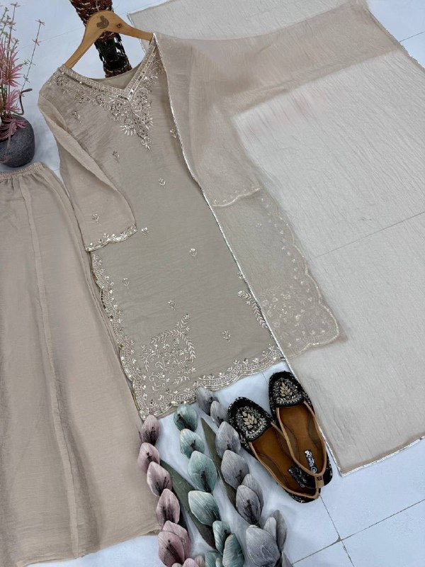 Premium Tissue Silk Top, Palazzo & Dupatta – Sequins Embroidery
