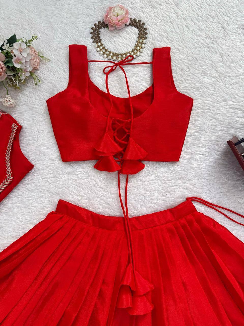 Premium Chinon Silk Lehenga, Choli & Koti – Thread & Sequins Embroidery