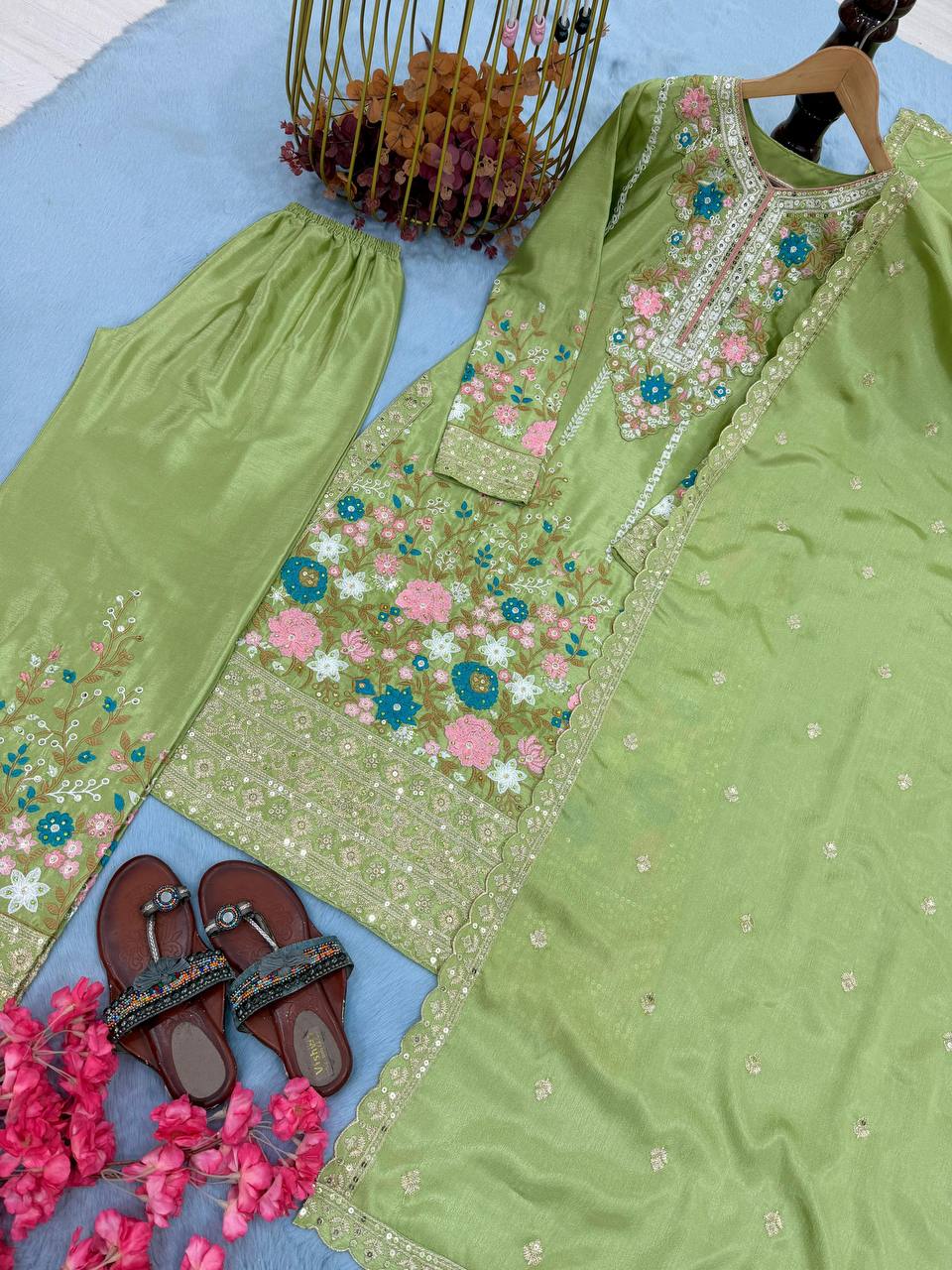 Premium Chinon Silk Kurti, Plazzo & Dupatta