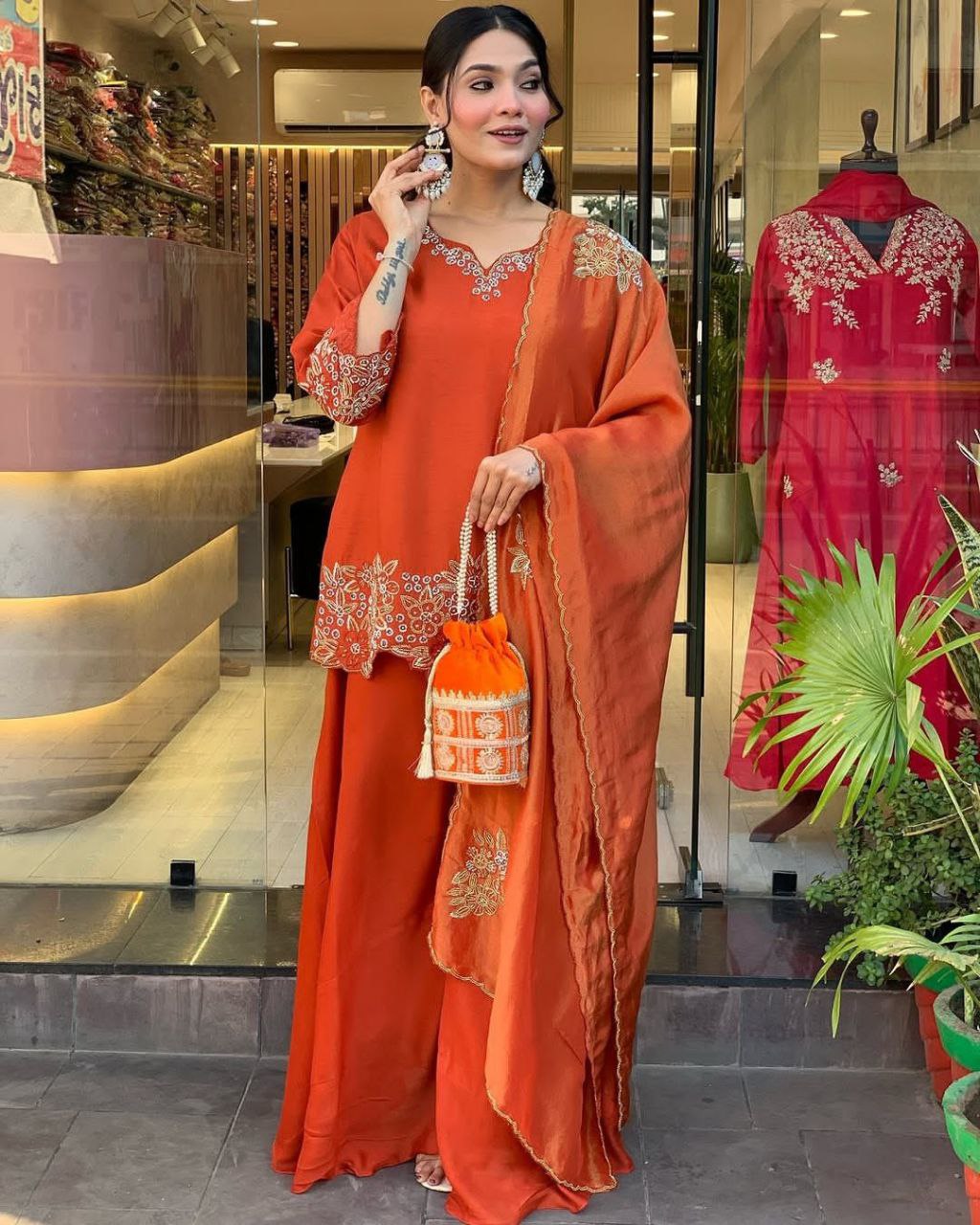 Designer Faux Georgette Embroidered Plazzo Set with Dupatta