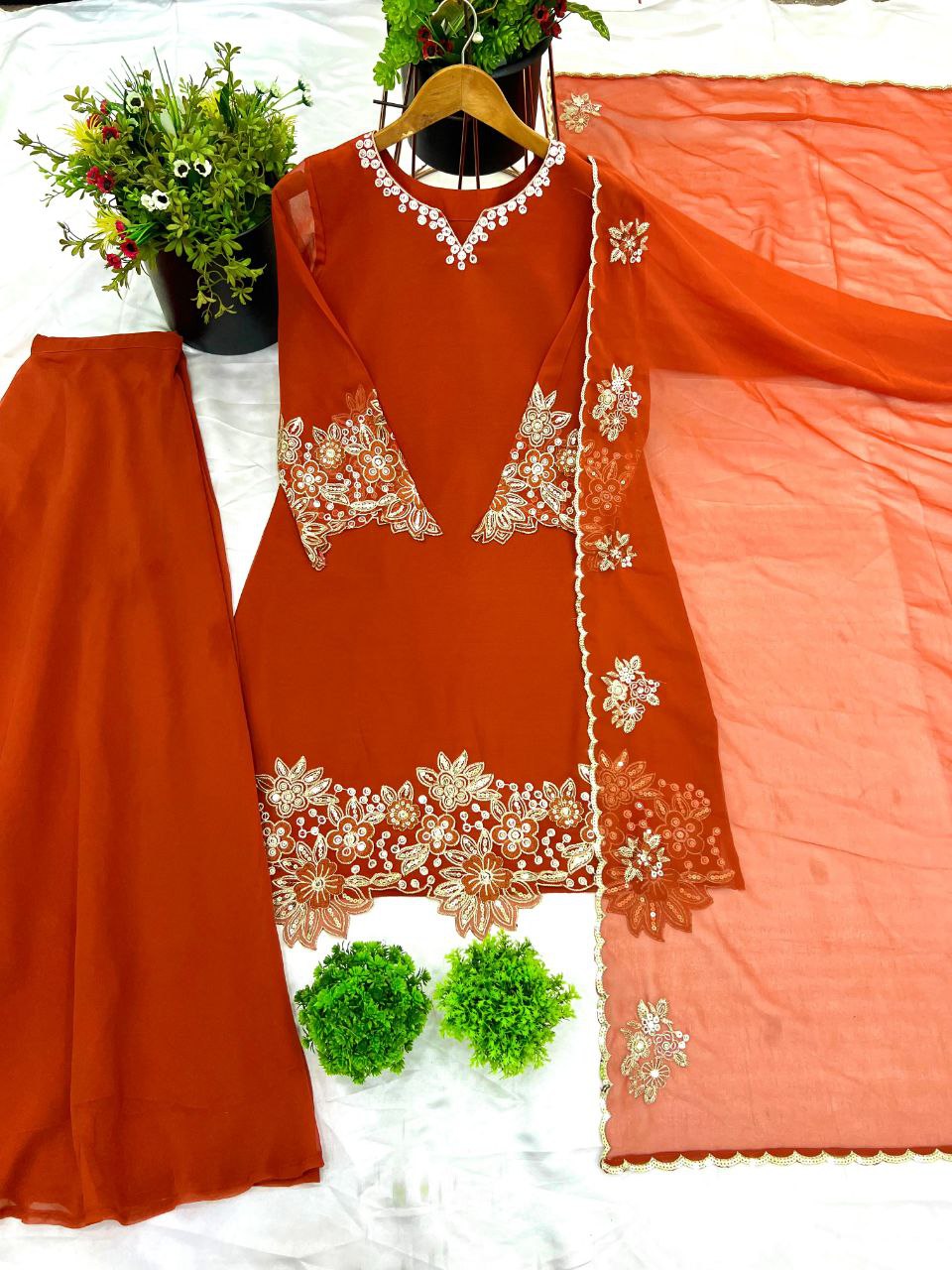 Designer Faux Georgette Embroidered Plazzo Set with Dupatta