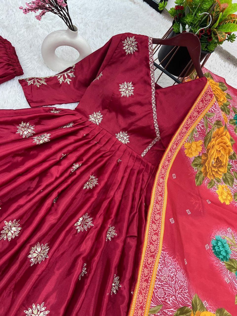 New Designer Collection: Pure Chinnon Embroidered Gown & Dupatta Set