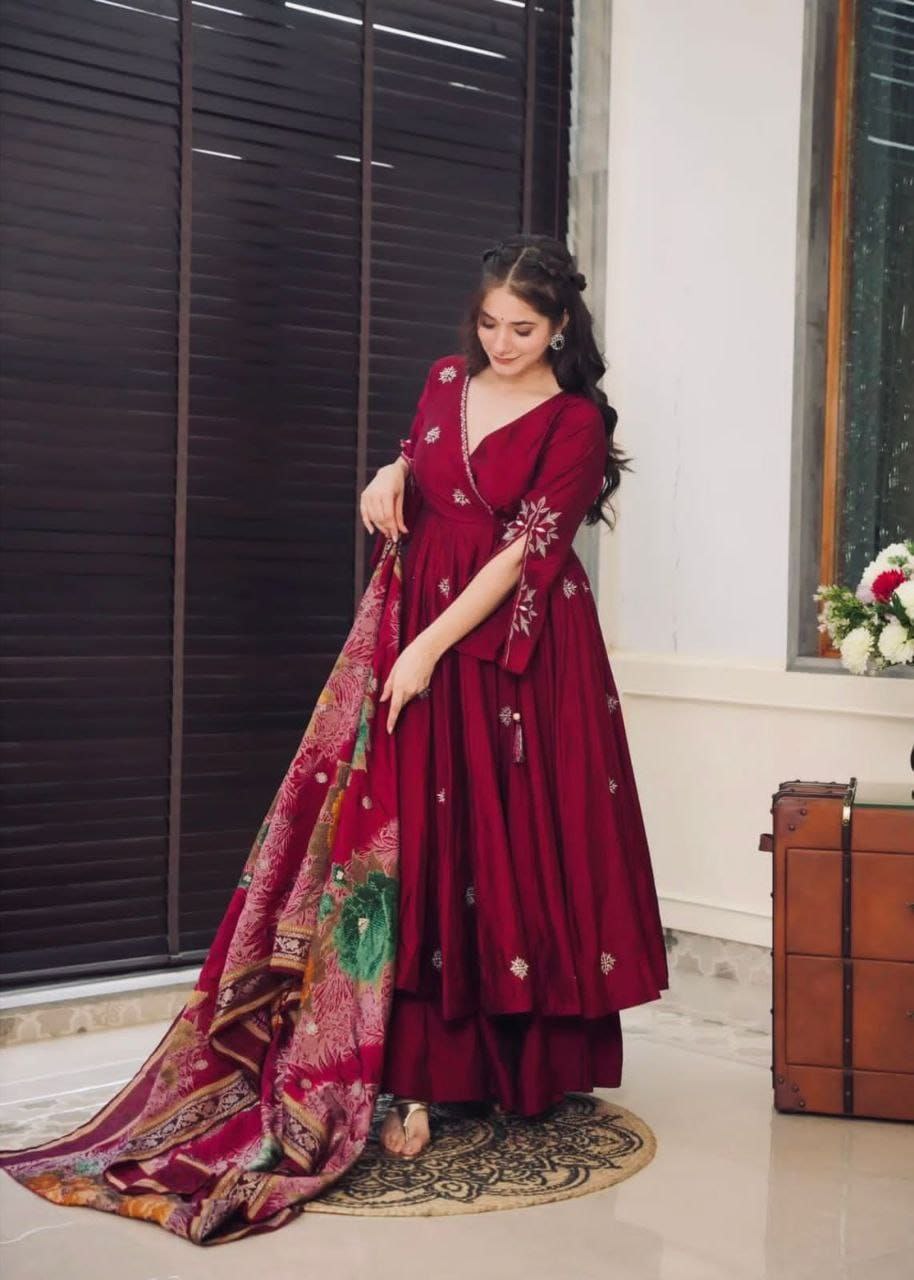 New Designer Collection: Pure Chinnon Embroidered Gown & Dupatta Set