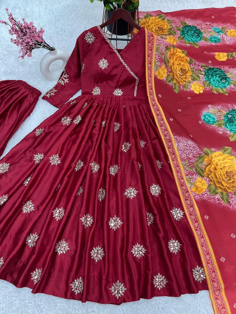 New Designer Collection: Pure Chinnon Embroidered Gown & Dupatta Set
