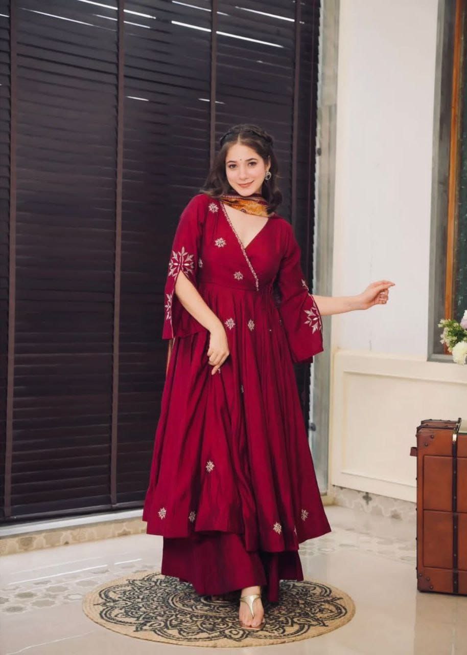 New Designer Collection: Pure Chinnon Embroidered Gown & Dupatta Set
