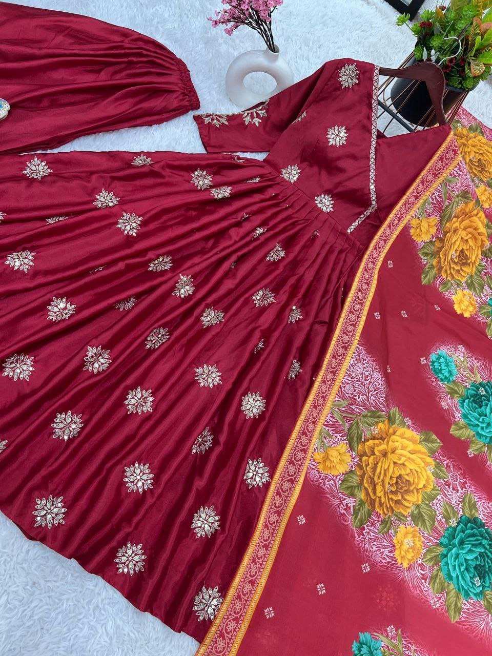 New Designer Collection: Pure Chinnon Embroidered Gown & Dupatta Set