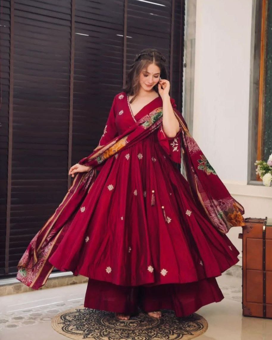 New Designer Collection: Pure Chinnon Embroidered Gown & Dupatta Set