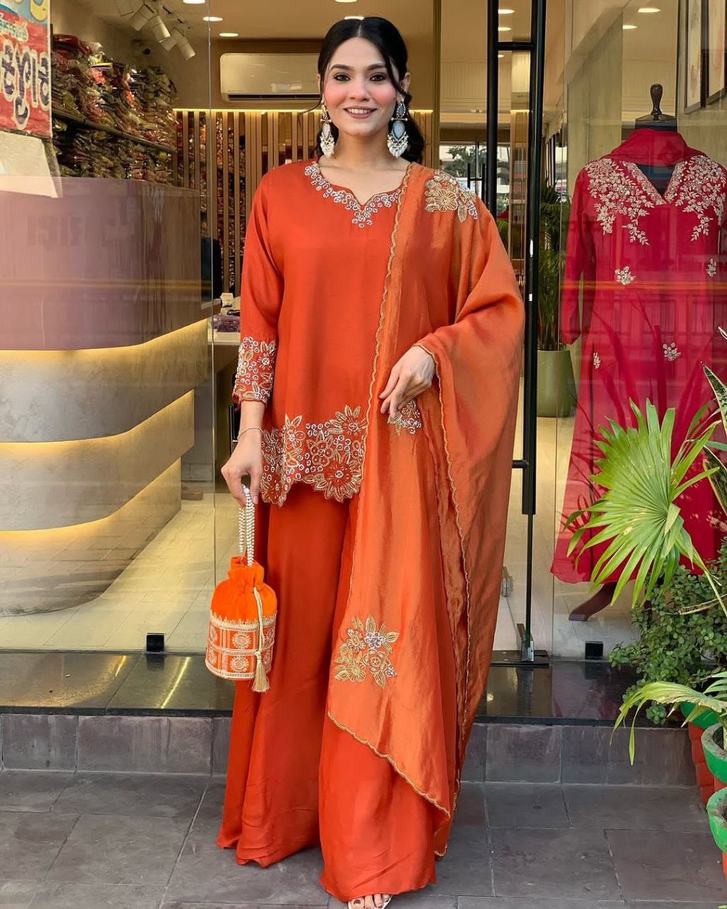 Designer Faux Georgette Embroidered Plazzo Set with Dupatta