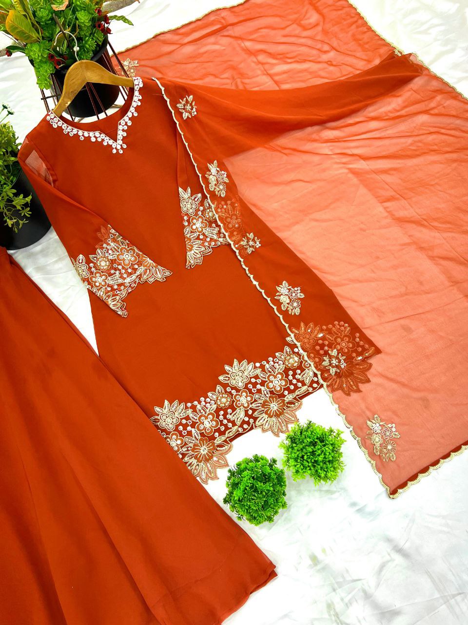 Designer Faux Georgette Embroidered Plazzo Set with Dupatta