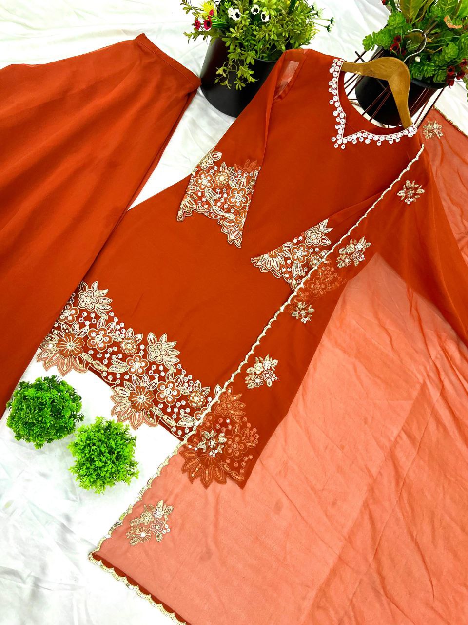 Designer Faux Georgette Embroidered Plazzo Set with Dupatta