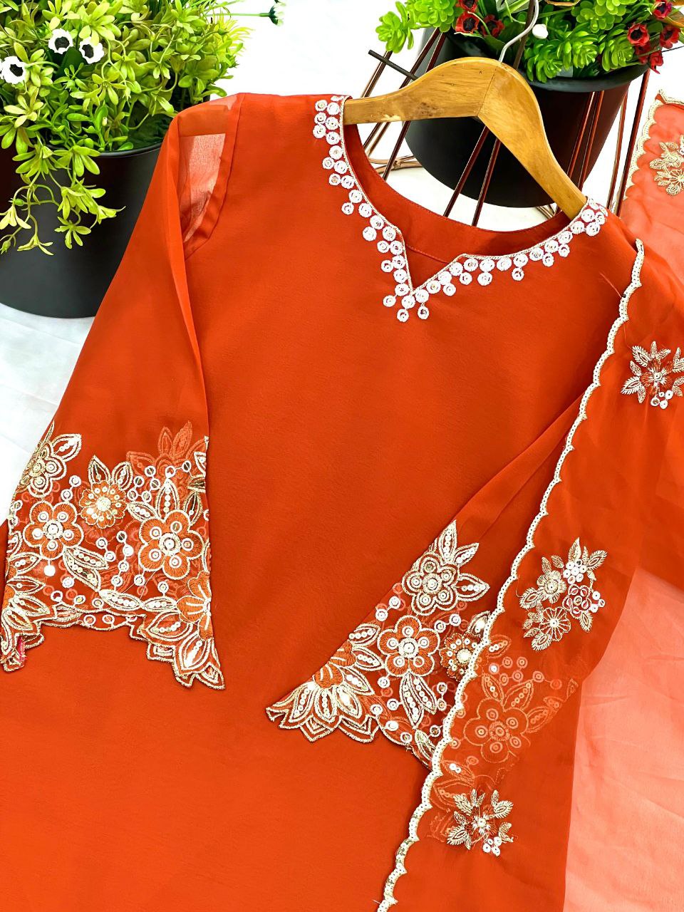 Designer Faux Georgette Embroidered Plazzo Set with Dupatta
