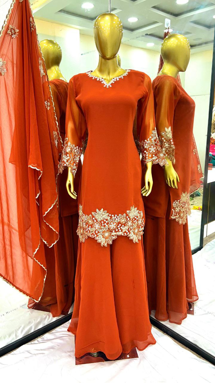 Designer Faux Georgette Embroidered Plazzo Set with Dupatta