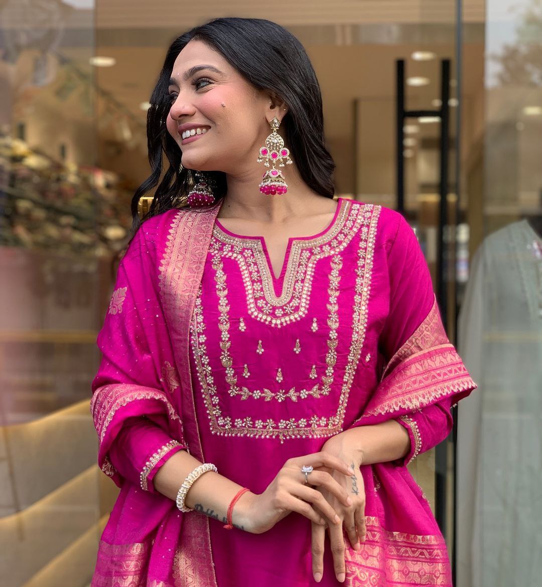 BEUTIFUL HEAVY JANKI PINK CHANDERI SILK FULLY STITCHIED SUIT SET