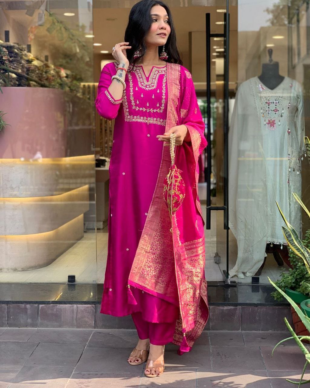 BEUTIFUL HEAVY JANKI PINK CHANDERI SILK FULLY STITCHIED SUIT SET