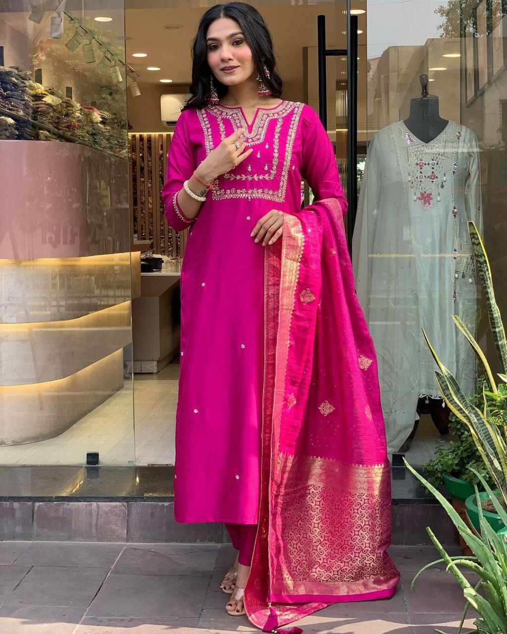 BEUTIFUL HEAVY JANKI PINK CHANDERI SILK FULLY STITCHIED SUIT SET