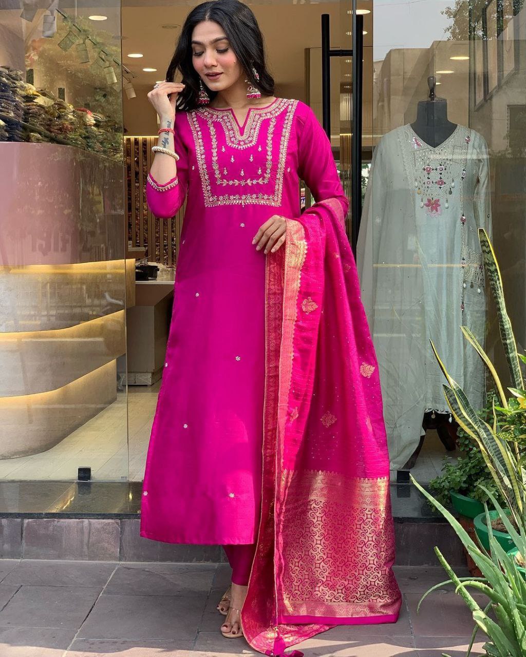BEUTIFUL HEAVY JANKI PINK CHANDERI SILK FULLY STITCHIED SUIT SET