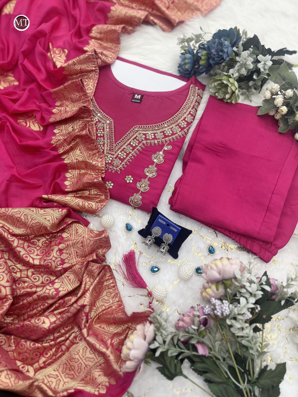 BEUTIFUL HEAVY JANKI PINK CHANDERI SILK FULLY STITCHIED SUIT SET