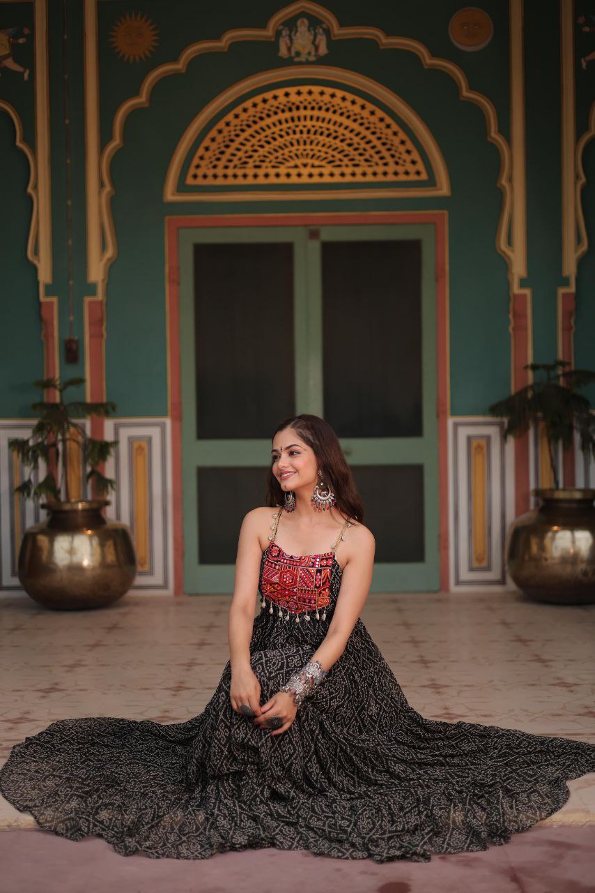 Bandhani Print Gown with Kutchi Patchwork