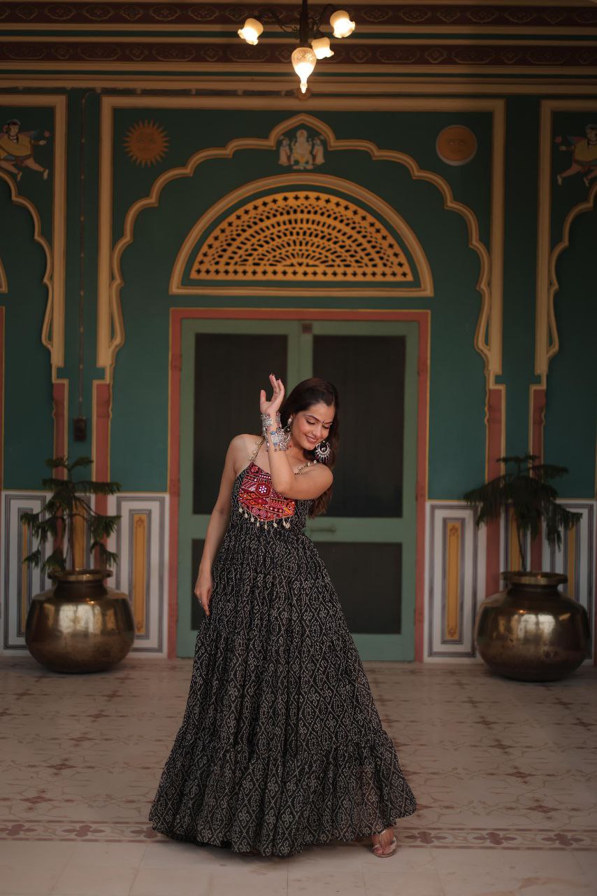 Bandhani Print Gown with Kutchi Patchwork