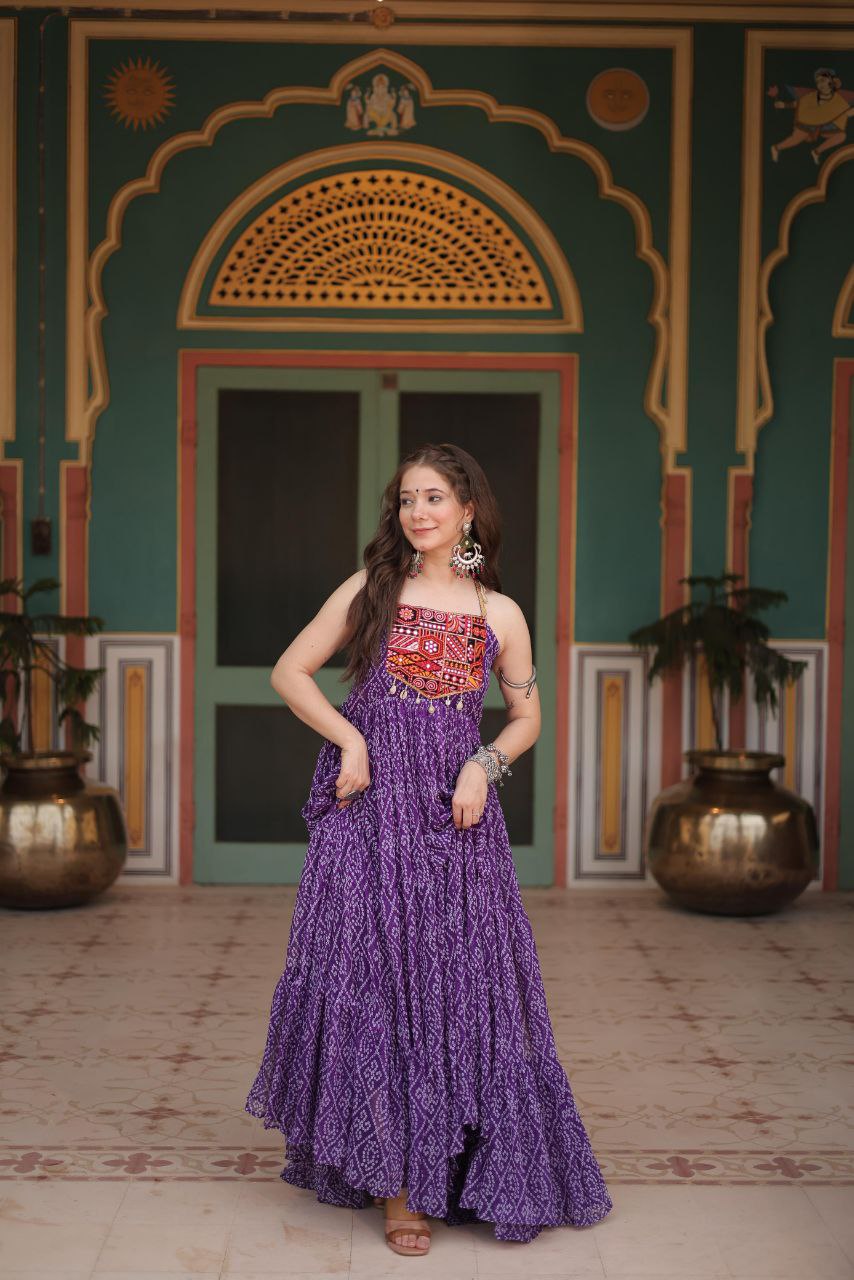 Bandhani Print Gown with Kutchi Patchwork