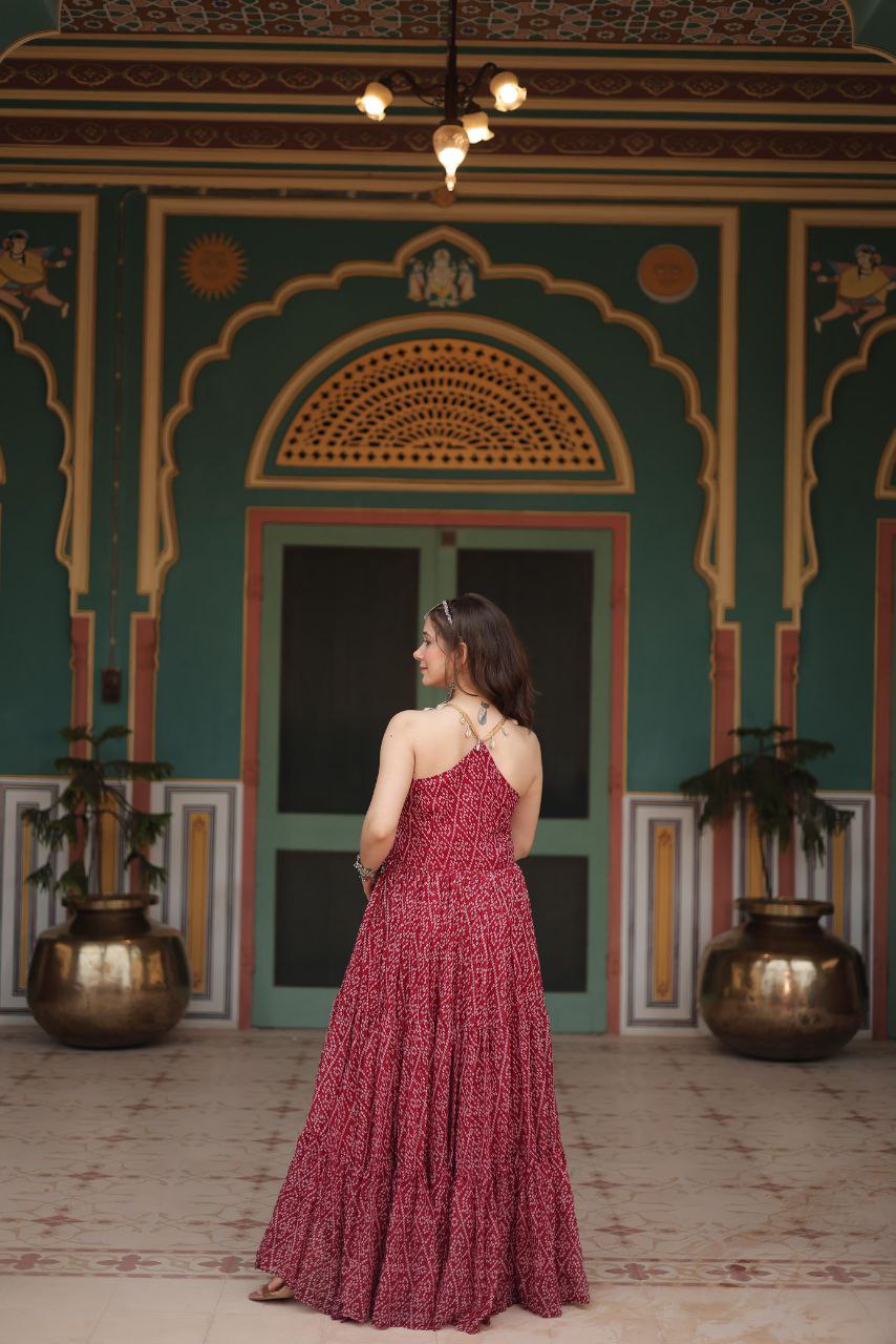 Bandhani Print Gown with Kutchi Patchwork