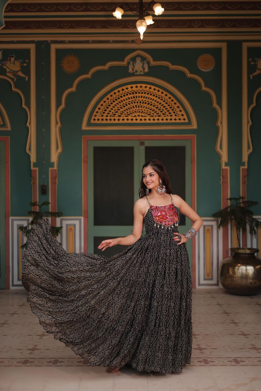 Bandhani Print Gown with Kutchi Patchwork