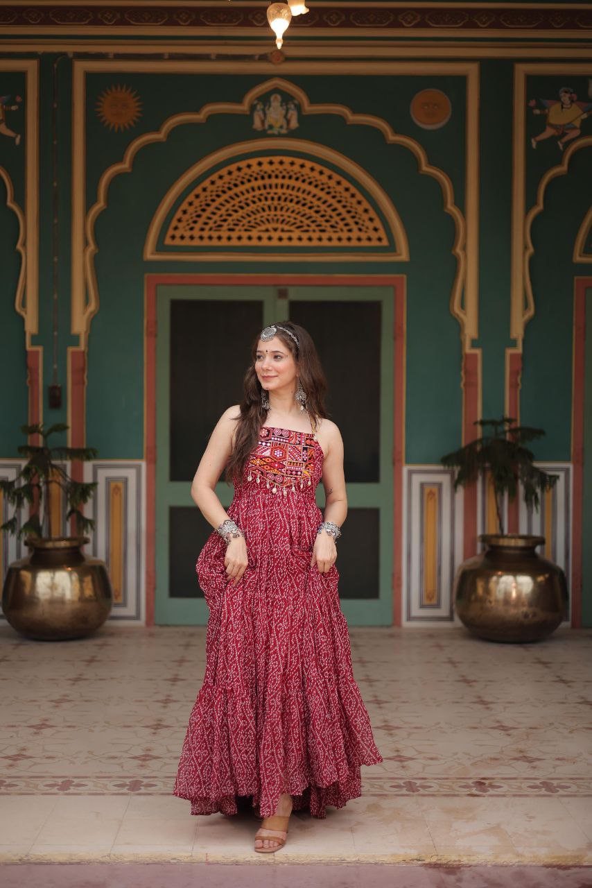 Bandhani Print Gown with Kutchi Patchwork