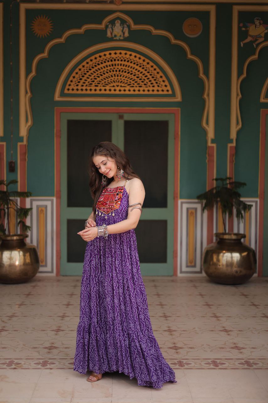 Bandhani Print Gown with Kutchi Patchwork